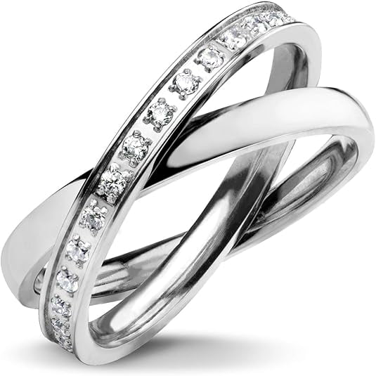 555Jewelry Womens Double Band High Polish Smooth Stainless Steel Interlocking Sparkling Cubic Zirconia Surrounded Fine Fashion Jewelries Friendship Band Rings, Silver Size 5.5