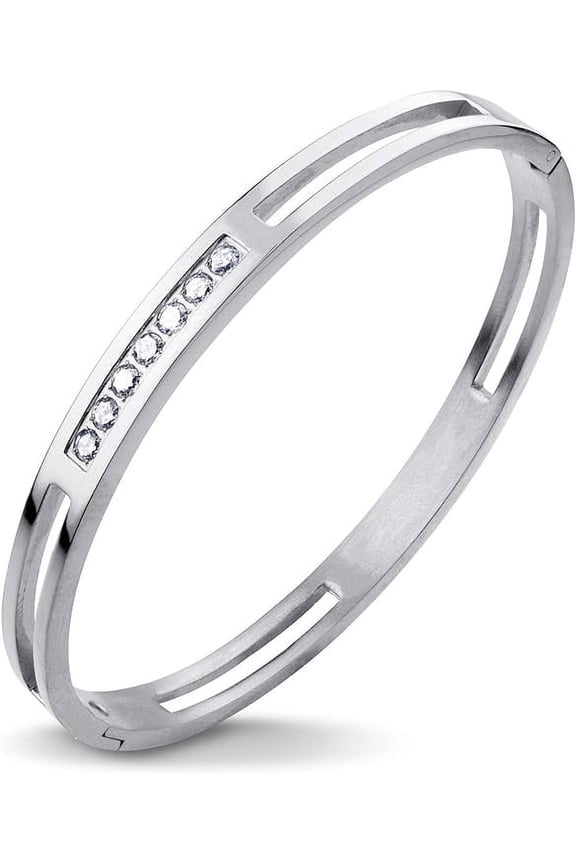 Womens Girls Stainless Steel CZ Cubic Zirconia Stone Hinged Lock Hollow Cuff Band Bangle Bracelet, Silver