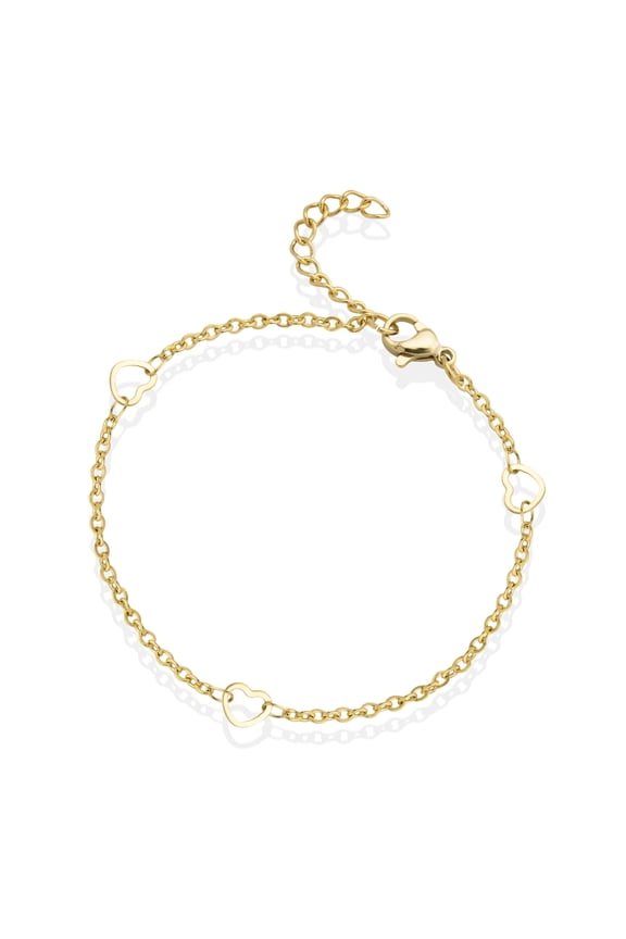 Womens Girls Stainless Steel Chain Multiple Heart Shape Charm Link Love Bracelet, Yellow Gold