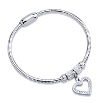 555Jewelry Womens Sparkly Magnetic Clasp Lock Cubic Zirconia CZ Heart Charm Dangle Wristband Bangle Bracelet, Silver