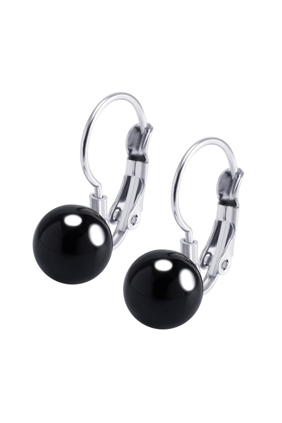 Womens Stainless Steel Bead Ball Round Shape Dangle Drop High Polish Minimal Minimalist Classic Fashion Jewelries Accessories Leverback Hoop Earrings Pair, Silver & Black Onyx