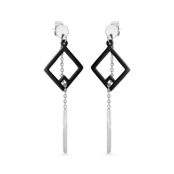 555Jewelry Womens Stainless Steel Delicate Pretty Stylish Long Drop Dangle Diamond Shape Hollow Simple Geometric Earring Hanging Chain Bar Fashion Jewelry Accessory Earrings, Silver & Black