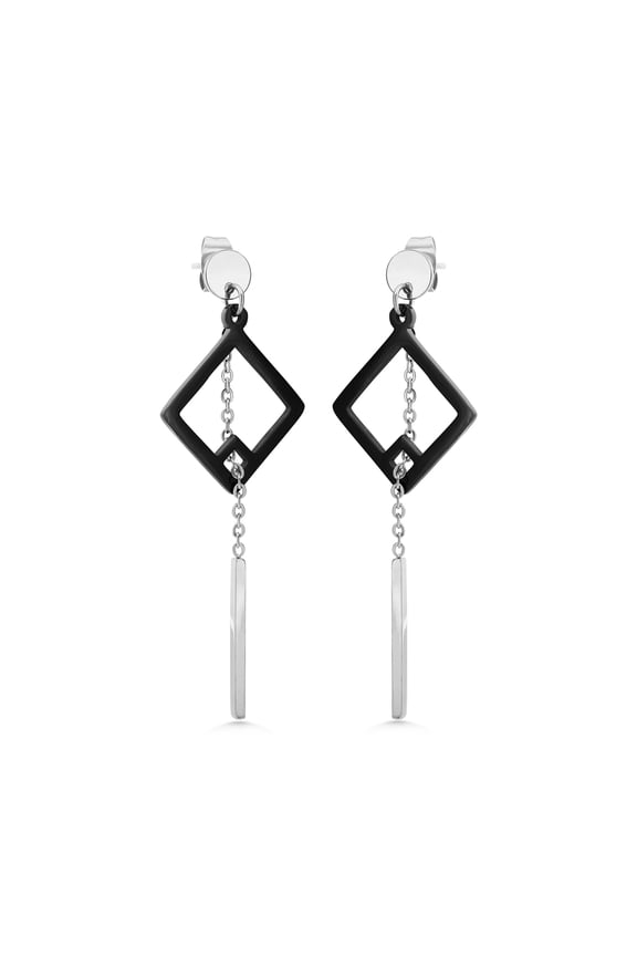 Womens Stainless Steel Delicate Pretty Stylish Long Drop Dangle Diamond Shape Hollow Simple Geometric Earring Hanging Chain Bar Fashion Jewelry Accessory Earrings, Silver & Black
