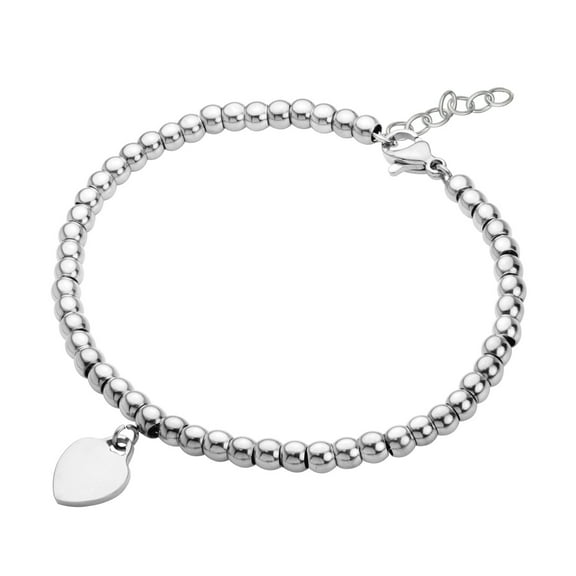 555Jewelry Womens Stainless Steel Heart Charm Beaded Ball Delicate Adjustable Bracelet, Silver