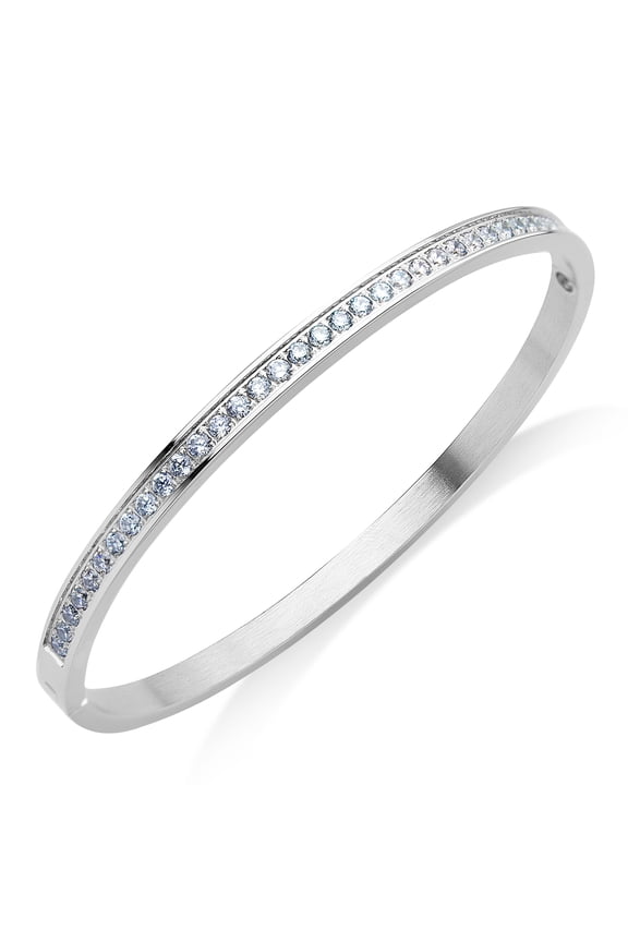 Womens Stainless Steel Metal Cubic Zirconia CZ Sparkle Cuff Hinged Lock Hypoallergenic Bangle Bracelet, Silver