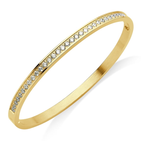 555Jewelry Womens Stainless Steel Metal Cubic Zirconia CZ Sparkle Cuff Hinged Lock Hypoallergenic Bangle Bracelet, Yellow Gold