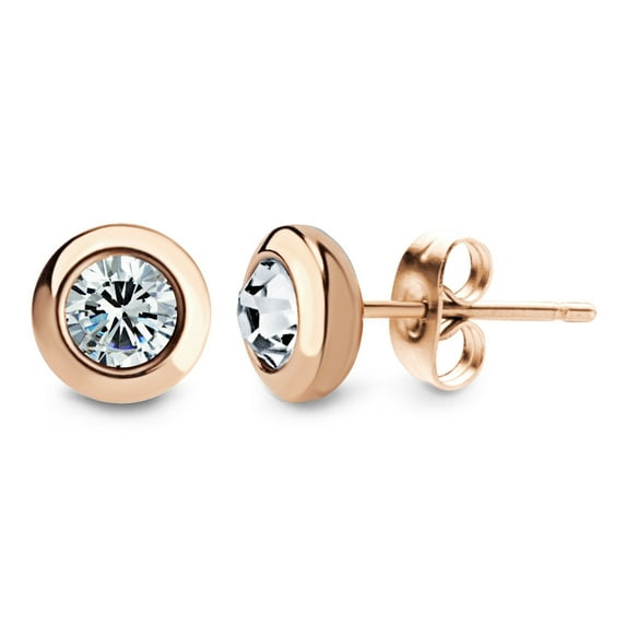 555Jewelry Womens Stainless Steel Round Solitaire Bezel Sparkly Brilliant Cute Assorted Multiple Colors Jewelry Fashion Accessory Stud Earring Set Pair, Pink Gold & White Cubic Zirconia