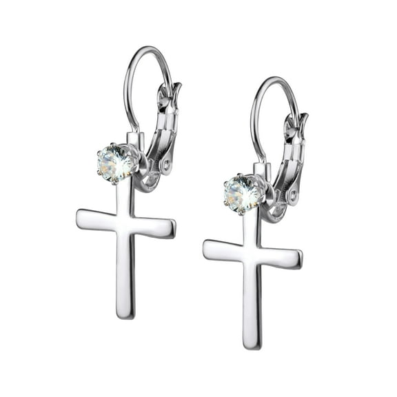 555Jewelry Womens Stainless Steel Small Cross Cubic Zirconia CZ Single Stone Stud Dangle Lever Back Religious Christian Faith Vintage Fashion Jewelry Accessory Earrings, Silver