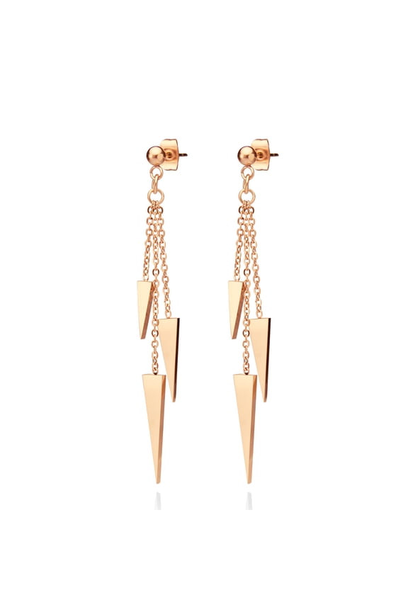 Womens Stainless Steel Triple Triangle Dangle Stylish Chain Chandelier Edgy Drop Earrings, Pink Rose Gold