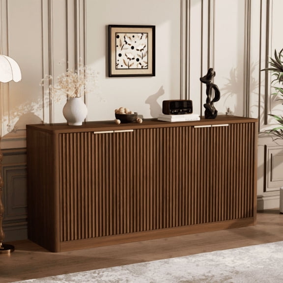 559-Inch Modern Wavy Sideboard, 4-Door Curved Storage Cabinet, Green TV Stand Media Console for Living Room, Kitchen, Bedroom, Walnut
