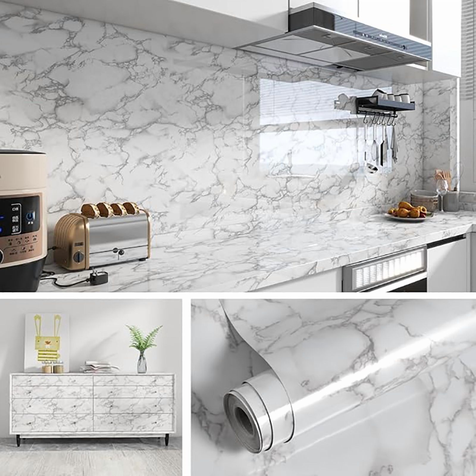55CM DIY Adhesive Wall Wallpaper Marble Dining Room Kitchen Cabinet ...