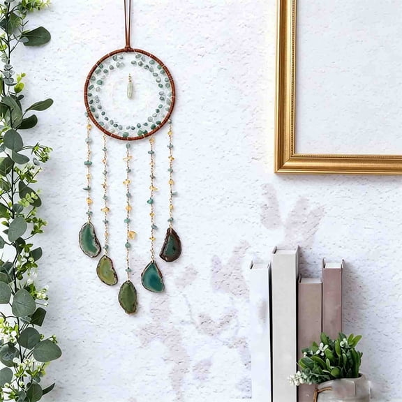 55CM Natural Raw Stone Agate Slice Dreamcatcher, Boho Green Crystal Bead Handmade Wall Hanging Bedroom Home Decor Ornament