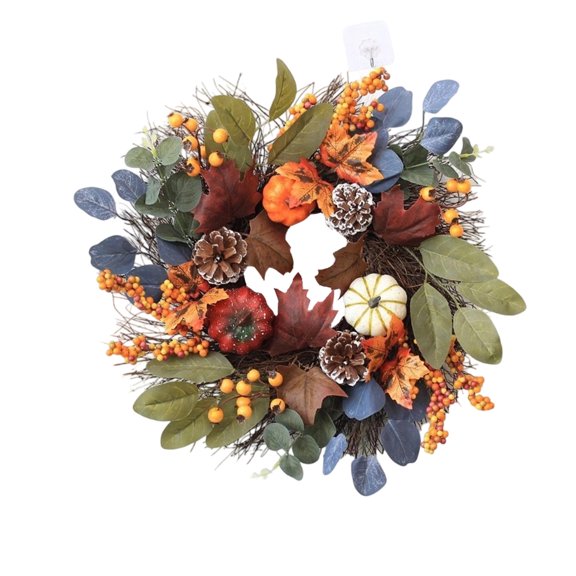 55Cm Fall Maple Leaf Wreath, Pumpkin & Berry Autumn Decor, Indoor/Outdoor Door Hanging, Realistic Look