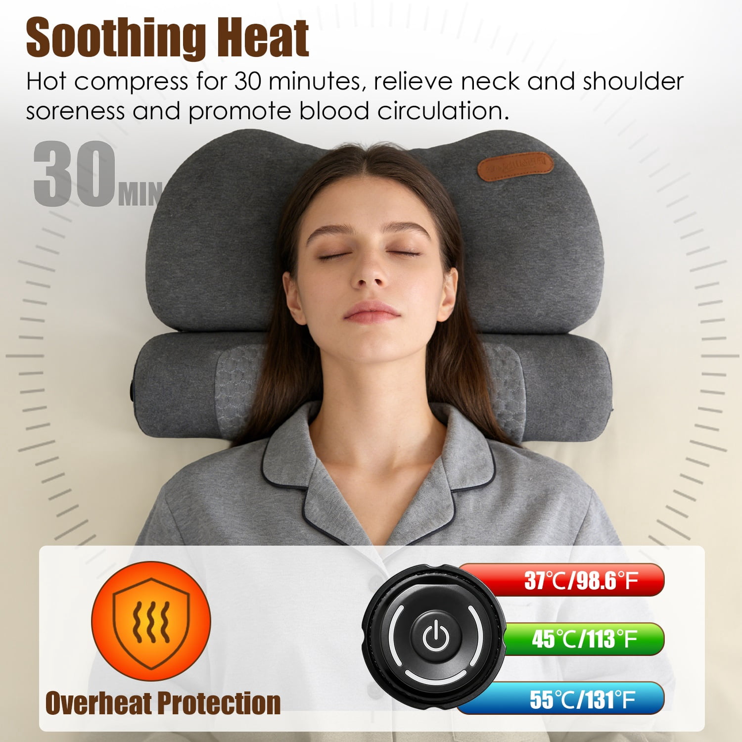 55D Heated Neck Pillow Memory Foam Cervical Support 3Heat Levels 30Mins Auto Off Overheat Protection Dark Grey Polyester Spandex USB Powered Home Office Travel Sleep Eye Mask Type C Adapter 17.72In