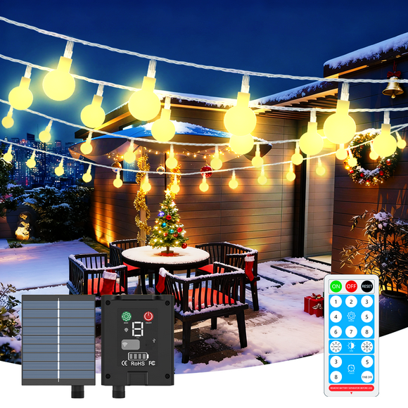 55FT Solar Globe Warm White String Light 100LED, 8 Modes IP67 Patio Lights, Type-C Charging, Timer and Memory Function for Camping, Garden, Patio, Bedroom, Indoor or Outdoor
