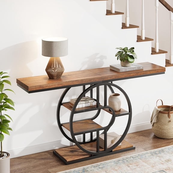 55In 3-Tier Narrow Industrial Console Table with Storage 12In Extended O-Shaped Entryway Table for Hallway