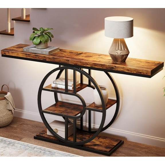 55In Entryway Console Table 5-Tier Industrial Narrow Sofa Table with Storage O-Shaped Metal Frame Extended Design for Living Room and Hallway