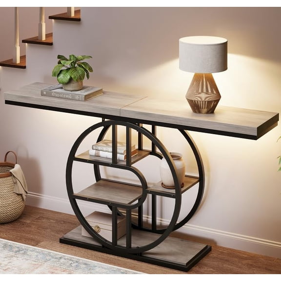 55In Entryway Console Table 5-Tier Narrow Sofa Table with O-Shaped Frame Long Hallway Table 12In Extended Design