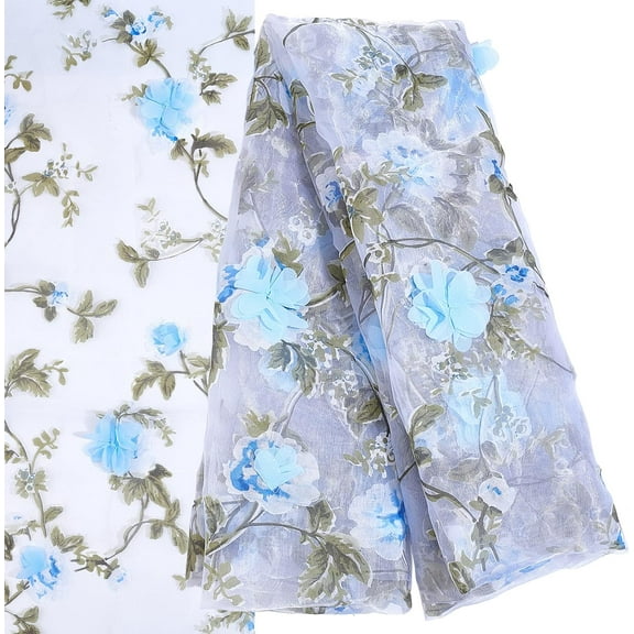 55Inch Embroidered Flower Fabric 3D Organza Gold Floral Chiffon Rose Leaves Vintage Lace Fabric Embroidery Applique Ribbons for Sewing Wedding Bridal Cloth DIY Crafts Supplies diy Crimson