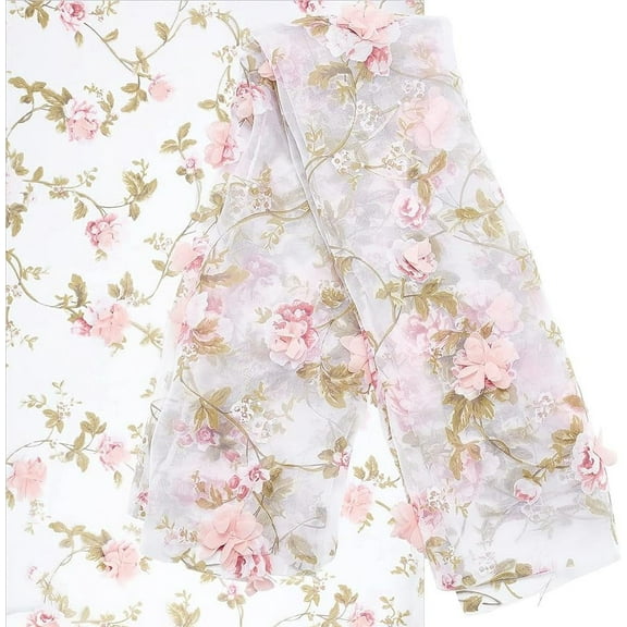 55Inch Embroidered Flower Fabric 3D Organza Pink Floral Chiffon Rose Leaves Vintage Lace Fabric Embroidery Applique Ribbons for Sewing Wedding Bridal Cloth DIY Crafts Supplies