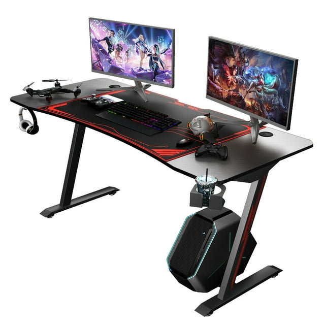55Inch Gaming Desk, 60 Inch Z Shaped Carbon Fiber Surface Desktop PC