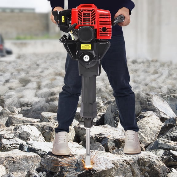 55J GasolinePowered Demolition Jack Hammer Concrete Breaker w/ 2 Chisel Bits For Trenching, Chipping, And Breaking Holes In Concrete