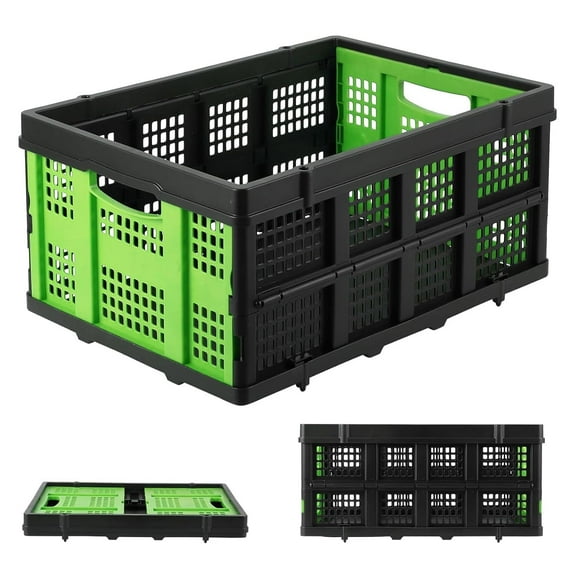 55L Collapsible Milk Crate, 14.5 Gallon Stackable Plastic Storage Crate with Handle, Folding Heavy-Duty Plastic Storage Containers for Transport, Food, Drinks, Books, Tools ,Green