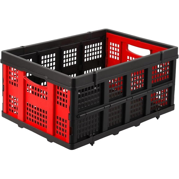 55L Collapsible Milk Crate, 14.5 Gallon Stackable Plastic Storage Crate with Handle, Folding Heavy-Duty Plastic Storage Containers for Transport, Food, Drinks, Books, Tools ,Red