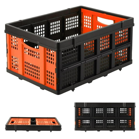55L Collapsible Milk Crate, 14.5 Gallon Stackable Plastic Storage Crate with Handle, Folding Heavy-Duty Plastic Storage Containers for Transport, Food, Drinks, Books, Tools ,Orange