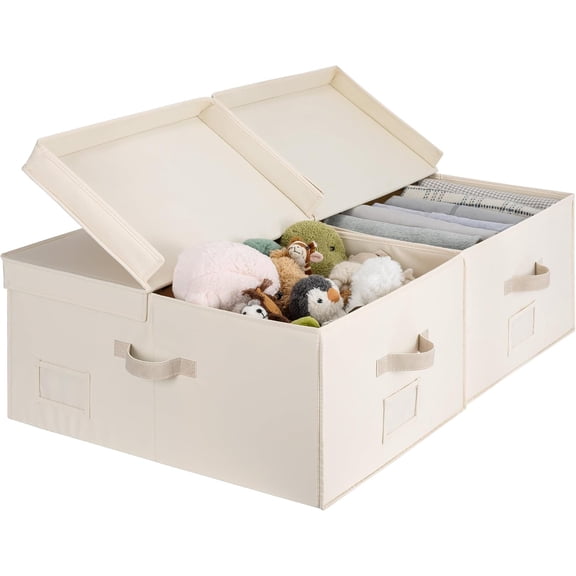 55L Extra Large Foldable Fabric Storage Bin with Lid Label Holder and Handles Cream White Jumbo 2-Pack