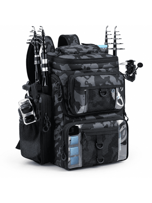 55L Large Camouflage Black Fishing Tackle Backpack with 4 Rod Holders