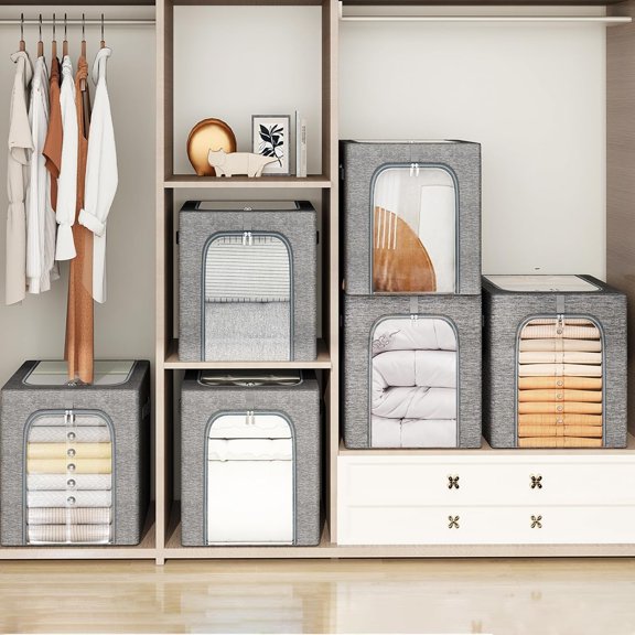 55L Large Stackable Storage Bins with Lid & Window, Heavy Duty Blanket Box for Winter Coats Comforters (4-Pack)