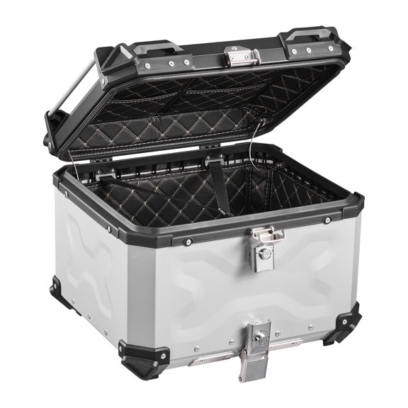 55L Motorcycle Top Box Universal Aluminum Hard Tail Case Waterproof Detachable with Security Lock Leather Lining for Luggage Storage