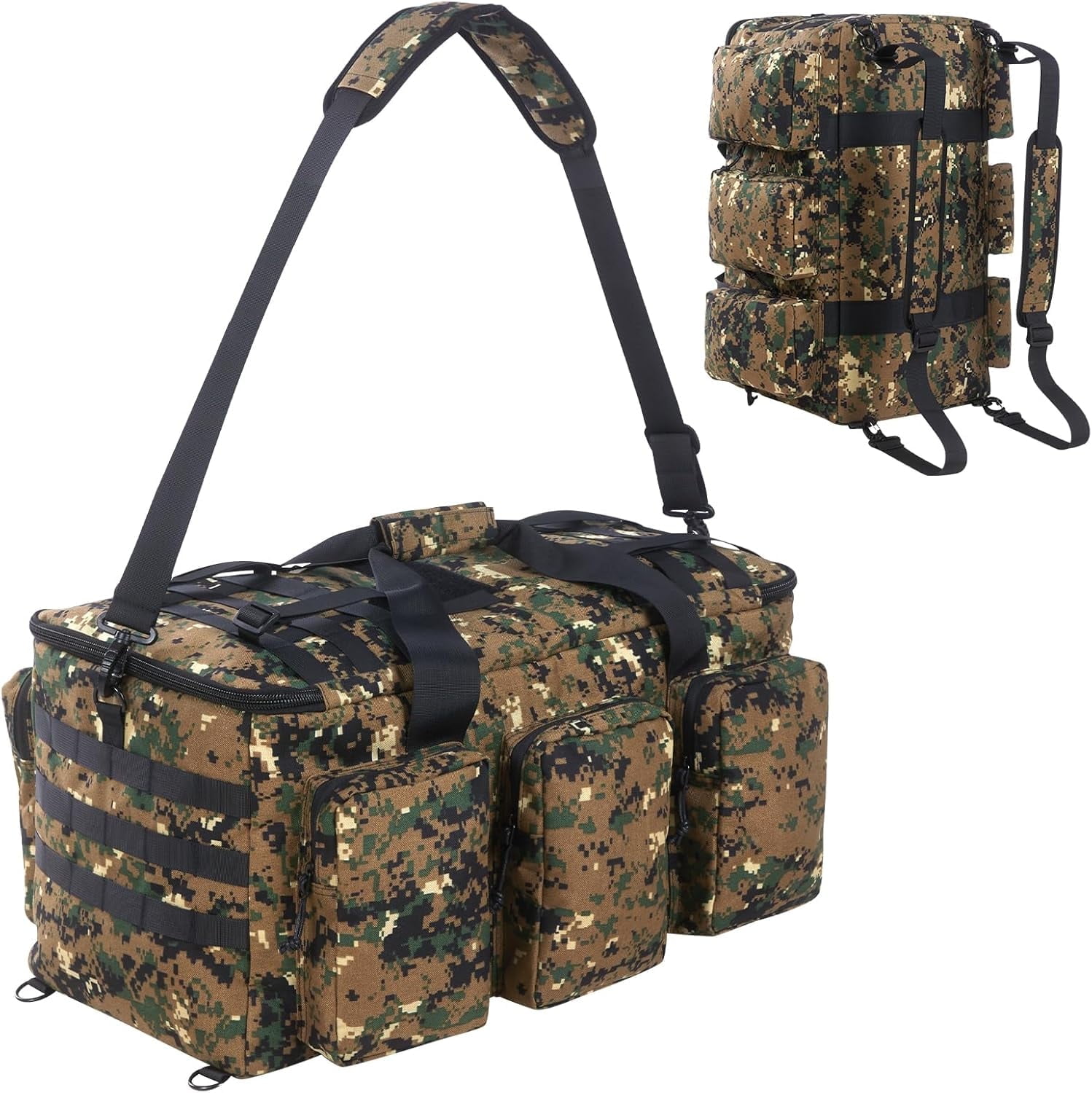 LuckySunDecorQZ 55L luggage bag with compartments and straps, suitable for men, large-sized sports and fitness luggage bag, suitable for weekend travel and camping (Camo Tan)