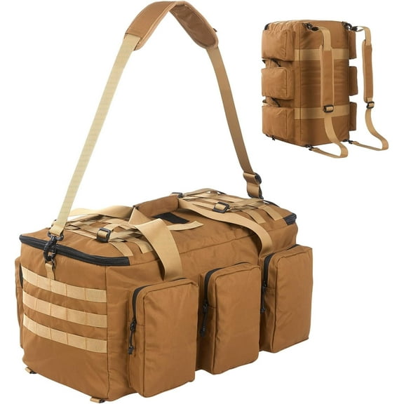 LuckySunDecorQZ 55L luggage bag with compartments and straps, suitable for men, large-sized sports and fitness luggage bag, suitable for weekend travel and camping (Tan)