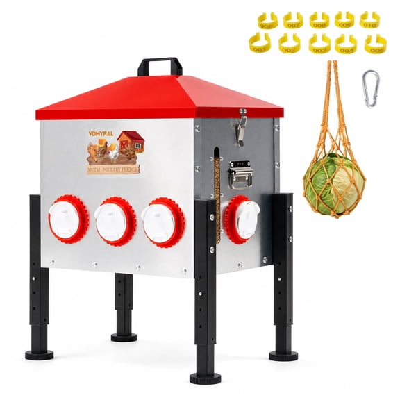 55lbs Automatic Chicken Feeder, Large Metal Poultry Feeder with 8 Ports, No Waste Rat Proof Design, View Window & Adjustable Legs for Outdoor Chickens, Ducks & Geese