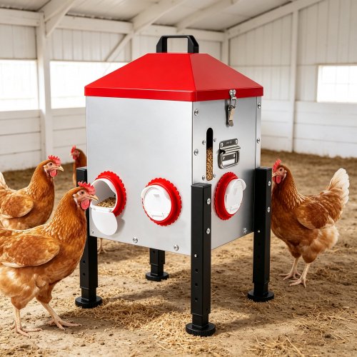 55LBS Large Capacity Automatic Chicken Feeder - 2026 Upgraded No Waste Poultry Feeder, 7 Feeding Ports, Viewable Feed Level Window, Height-Adjustable Legs + Wobble-Free Stability