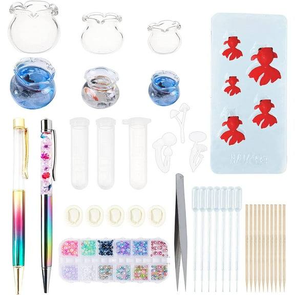 55PCS Miniature Koi Fish Mold Set Silicone Molds for Resin Koi Fish Shaped Resin Molds Glass Bowl Pearl Mushroom Botanical Terrarium Craft Set for Epoxy Resin DIY Crafts