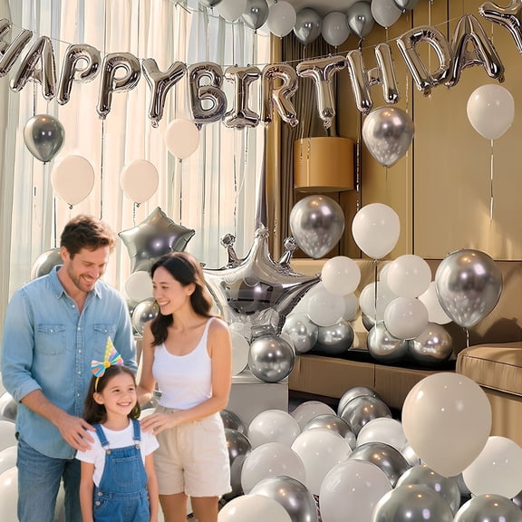 Mxdfafa 55PCS Silver & Blue Happy Birthday Balloon Arch Kit, Latex Balloons with "Happy Birthday" Foil Banner, Moon & Star Foil Balloons, DIY Garland Kit for Birthday, Wedding, Anniversary Decor