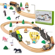 55PCS Wooden Train Track Set with Electric Locomotive, Farm Animals, Railway Crossing & Switch Tracks, Compatible Wooden Railway Toy for Kids Ages 3+