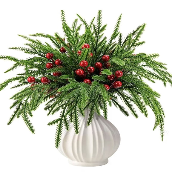 55Pcs Christmas Norfolk Pine Branches with Red Berry Stems, Artificial Greenery Norfolk Pine Stems Sprigs, Fake Foliage Pine Needles Picks for DIY Craft Garland Home Decoration without Flowerpot