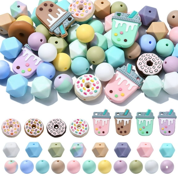 55Pcs Mixed Dessert Silicone Focal Beads Milk Tea Doughnut Round Silicone Beads for Beaded Jewelry Making
