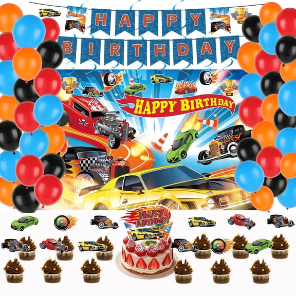 55Pcs Race Car Birthday Decorations Hot Car Supplies with Banner Balloons Backdrop Hanging Swirls Cake Topper and Cupcake Toppers for Kids Boys Racing Cars Birthday Baby Shower Decoration Y114