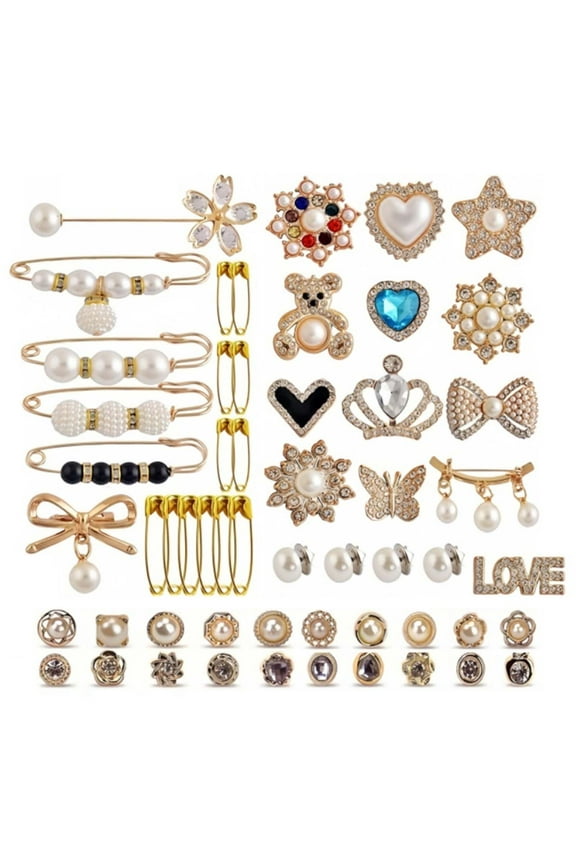 55Pcs Sock Charm Pin Sweater Shawl Clip Artificial Pearls Rhinestones Brooch Pins for Cardigan Sweater Shawl Dress Hat