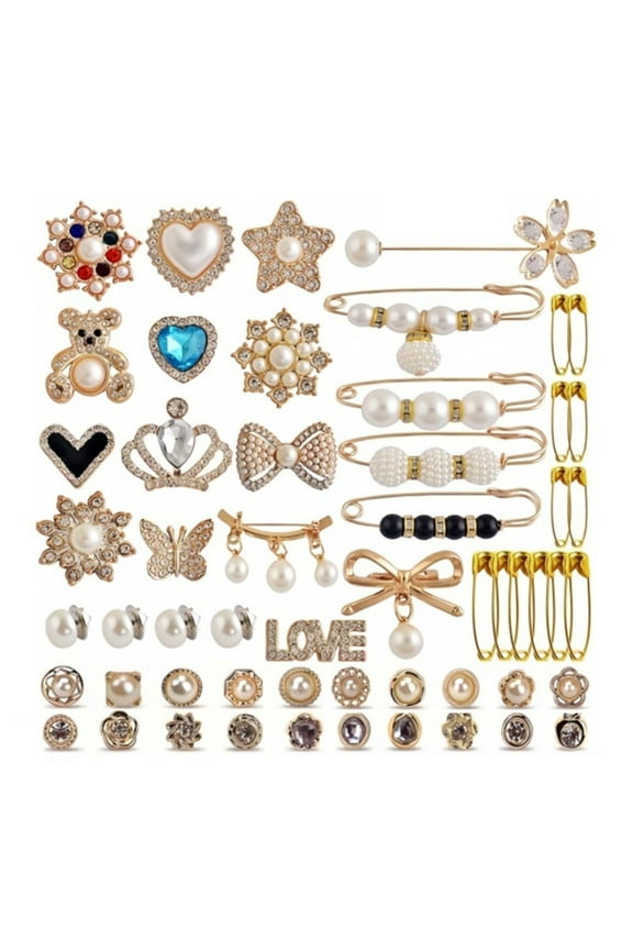 55Pcs Sock Charm Pin Sweater Shawl Clip Artificial Pearls Rhinestones Brooch Pins for Cardigan Sweater Shawl Dress Hat