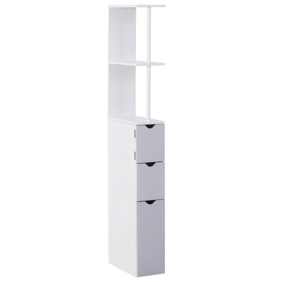 55Tall White Bathroom Cabinet Freestanding Linen Tower with 2-Tier Shelf and Drawers