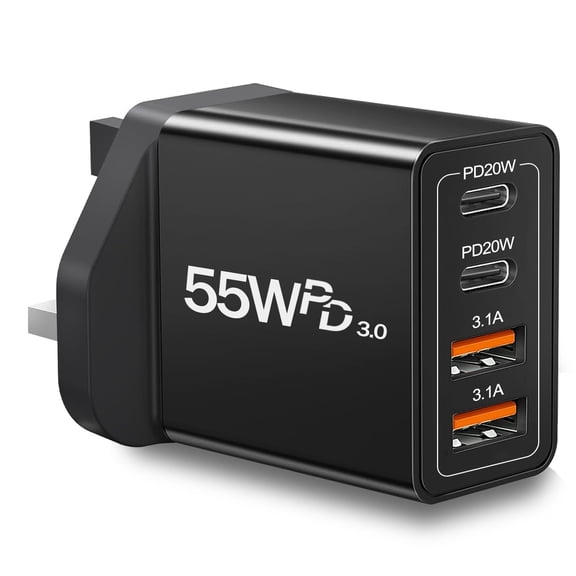 55W 4Port TypeG UK Travel Plug Adapter, Fast USBC Wall Charger Block for UK and Ireland, Compatible with iPhone, Samsung Galaxy, LG, Google Pixel and Android Phones