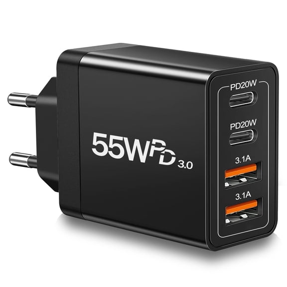 55W 4Port USBC European Travel Plug Adapter, US to EU Fast Charging Wall Charger Block Compatible with iPhone, Samsung Galaxy and Android Smartphones