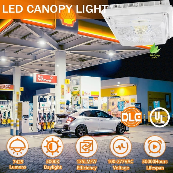 55W LED Parking Garage Canopy Light, 7425LM Gas Station Ceiling Lamp, 5000K IP65 Waterproof Outdoor Carport Light for Warehouse AC100-277V DLC Listed (2-Pack)