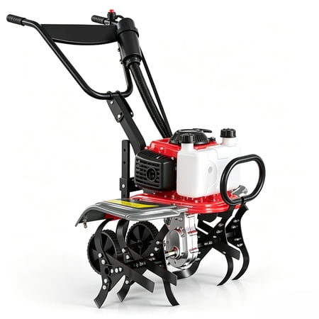55cc 4 Stroke Gasoline Rotary Tiller has a working width of 20 Inches, 7500 RPM, 6-level depth control, and a power output of 1.5 kW. It is suitable for lawn, garden, and soil tillage.